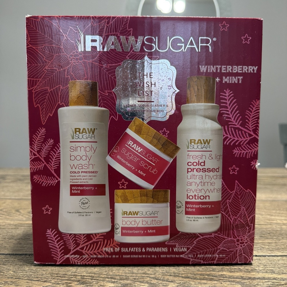 Raw Sugar Winterberry + Mint Gift Set Body Wash Scrub Butter Lotion Vegan